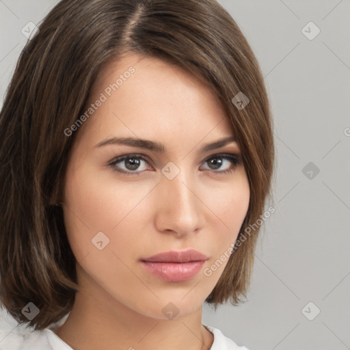 Neutral white young-adult female with medium  brown hair and brown eyes