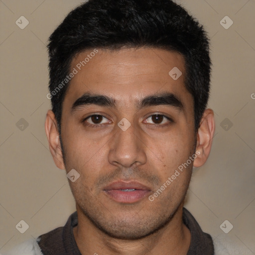 Neutral latino young-adult male with short  black hair and brown eyes