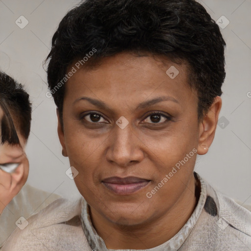 Joyful black adult female with short  brown hair and brown eyes