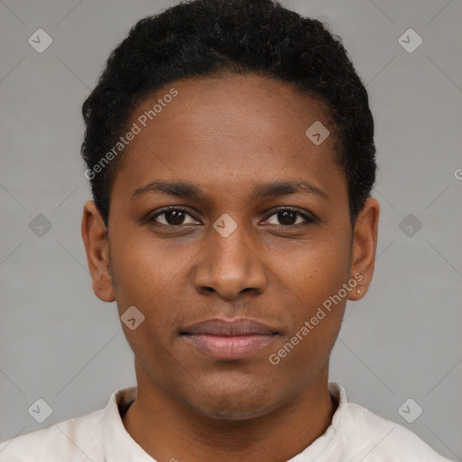 Neutral black young-adult female with short  brown hair and brown eyes