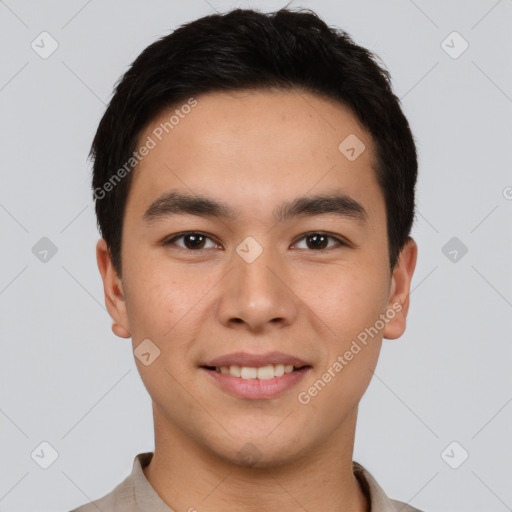 Joyful white young-adult male with short  black hair and brown eyes