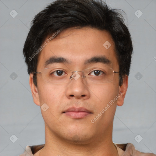 Neutral asian young-adult male with short  brown hair and brown eyes