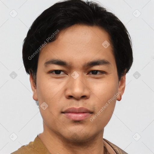 Neutral asian young-adult male with short  black hair and brown eyes