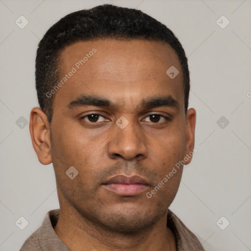 Neutral latino young-adult male with short  black hair and brown eyes