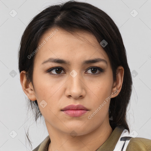 Neutral asian young-adult female with medium  brown hair and brown eyes