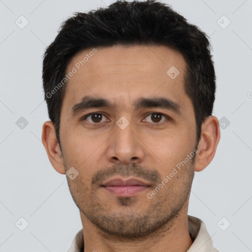 Neutral asian young-adult male with short  black hair and brown eyes