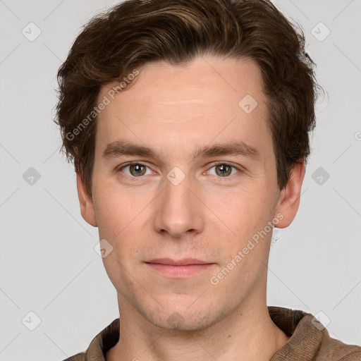 Neutral white young-adult male with short  brown hair and grey eyes