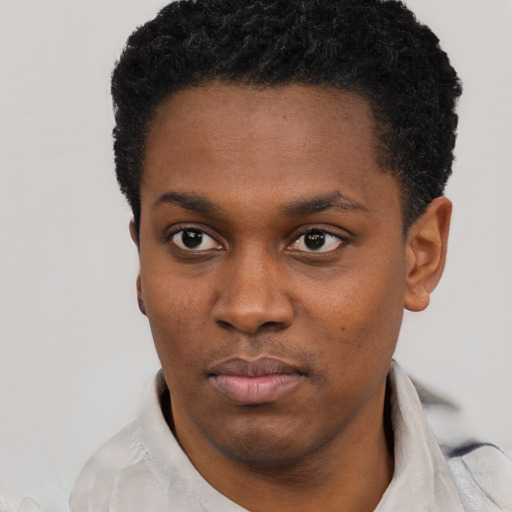 Neutral black young-adult male with short  black hair and brown eyes
