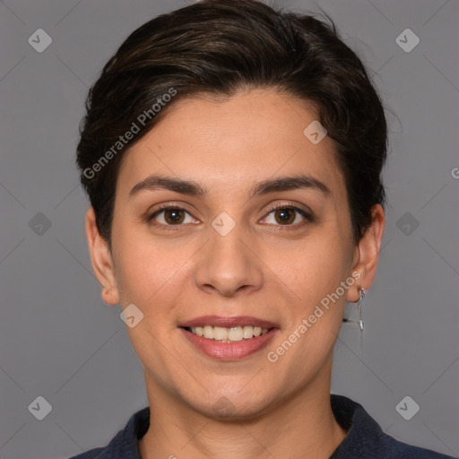 Joyful white young-adult female with short  brown hair and brown eyes