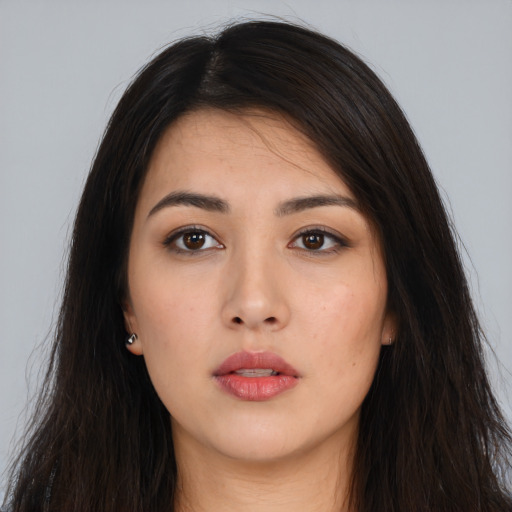 Neutral asian young-adult female with long  brown hair and brown eyes