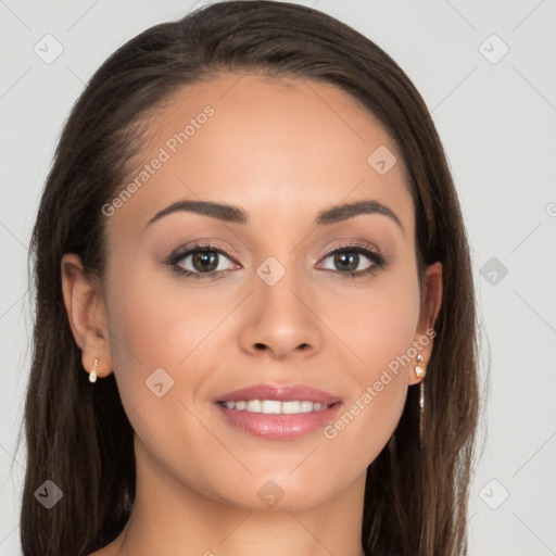 Joyful white young-adult female with long  brown hair and brown eyes