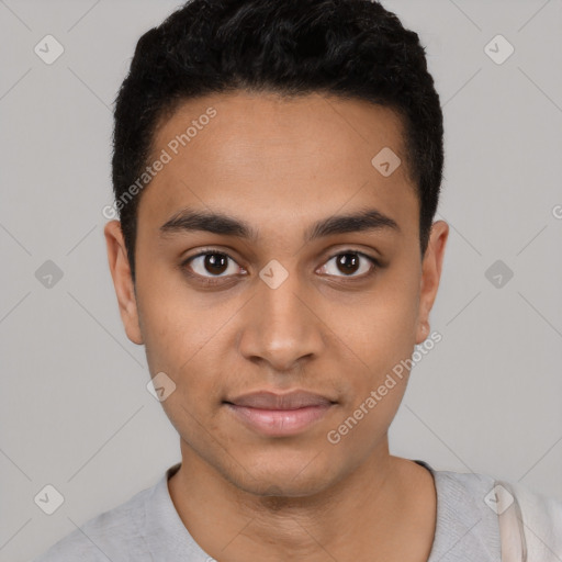 Neutral latino young-adult male with short  black hair and brown eyes