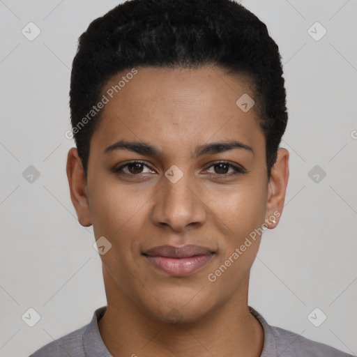 Joyful latino young-adult female with short  black hair and brown eyes
