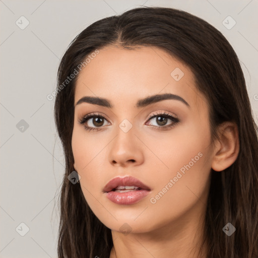 Neutral white young-adult female with long  brown hair and brown eyes