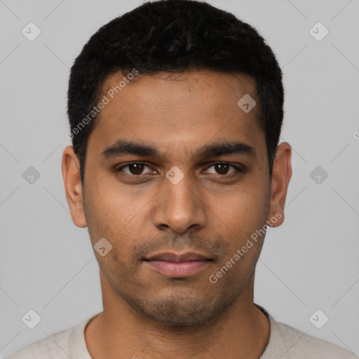 Neutral latino young-adult male with short  black hair and brown eyes