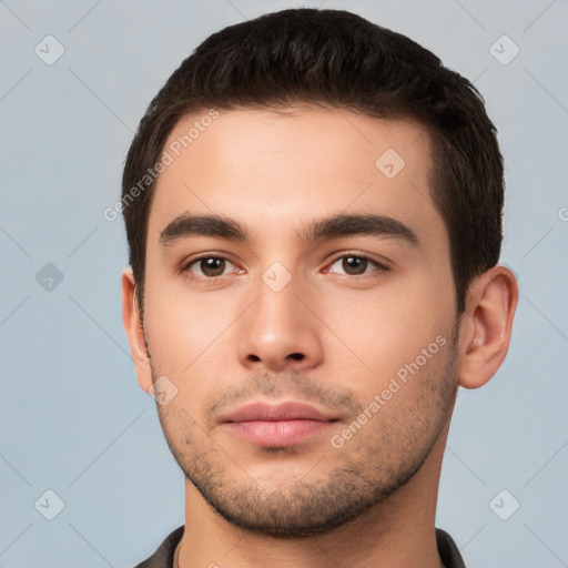 Neutral white young-adult male with short  brown hair and brown eyes