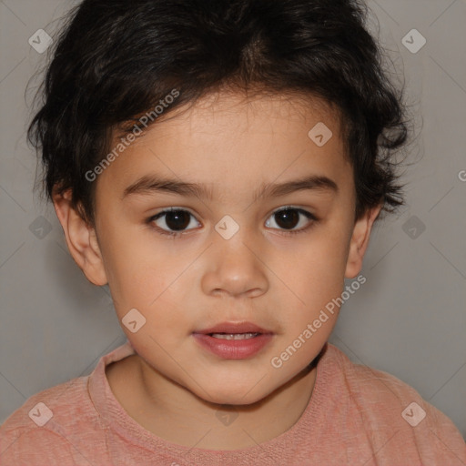 Joyful white child female with short  brown hair and brown eyes