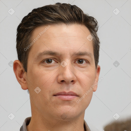 Neutral white adult male with short  brown hair and brown eyes