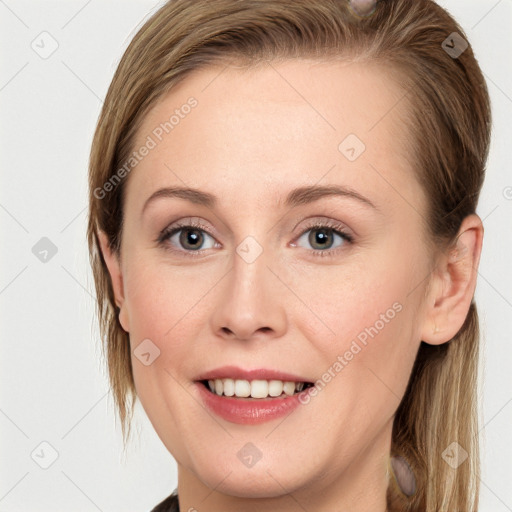 Joyful white young-adult female with long  brown hair and grey eyes