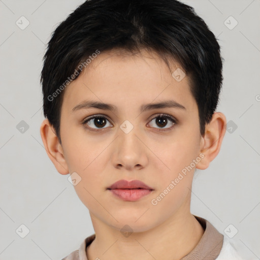 Neutral white young-adult female with short  brown hair and brown eyes