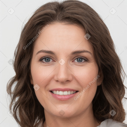 Joyful white young-adult female with medium  brown hair and green eyes