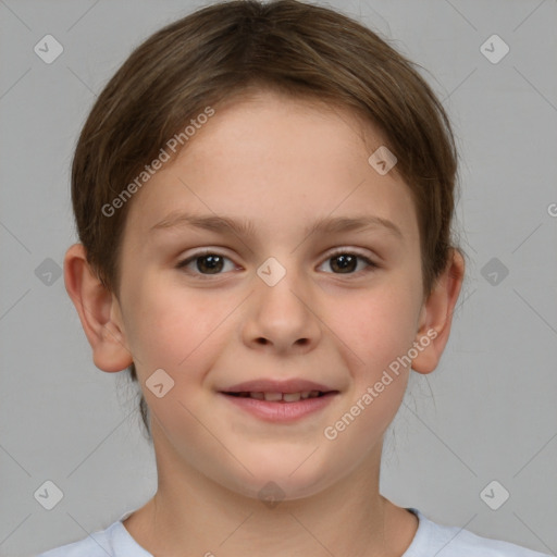 Joyful white child female with short  brown hair and brown eyes