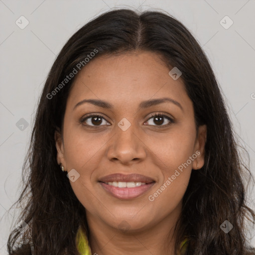 Joyful latino young-adult female with long  brown hair and brown eyes