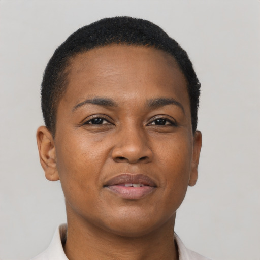 Joyful black young-adult female with short  brown hair and brown eyes