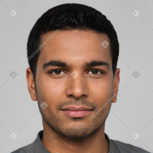 Neutral latino young-adult male with short  black hair and brown eyes