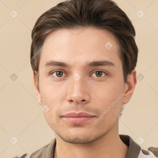 Neutral white young-adult male with short  brown hair and brown eyes