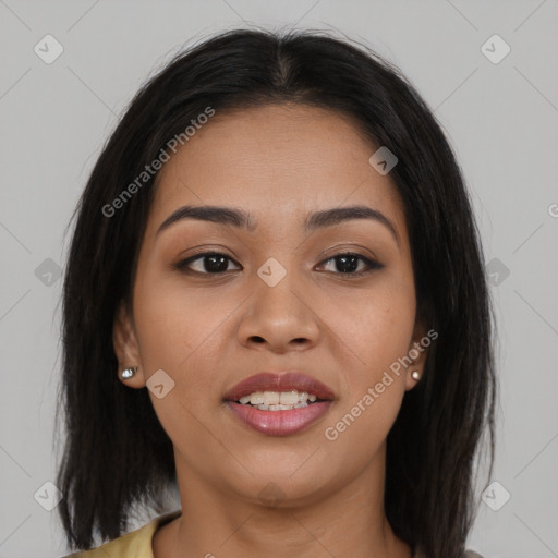 Joyful asian young-adult female with medium  brown hair and brown eyes