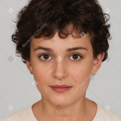 Neutral white young-adult female with short  brown hair and brown eyes