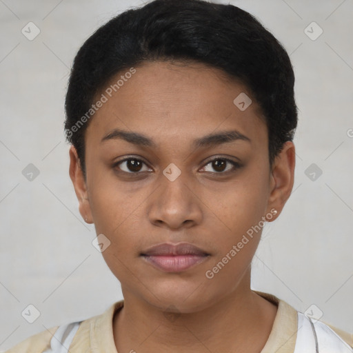 Neutral latino young-adult female with short  black hair and brown eyes