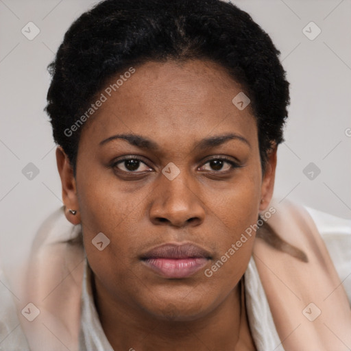 Neutral black young-adult female with short  brown hair and brown eyes