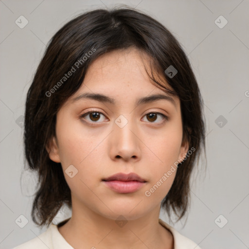 Neutral white young-adult female with medium  brown hair and brown eyes