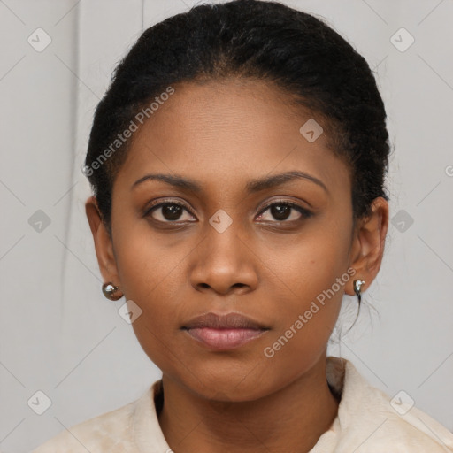 Neutral latino young-adult female with short  brown hair and brown eyes
