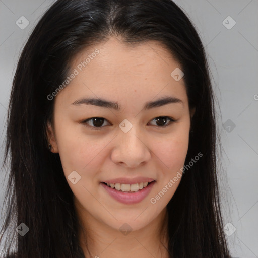 Joyful asian young-adult female with long  brown hair and brown eyes