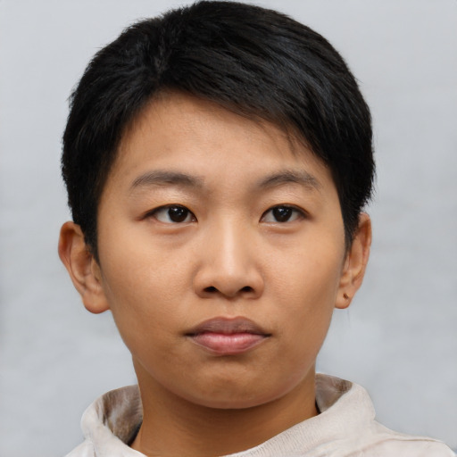 Neutral asian young-adult male with short  brown hair and brown eyes