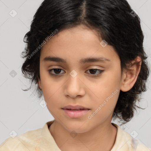 Joyful white child female with medium  brown hair and brown eyes