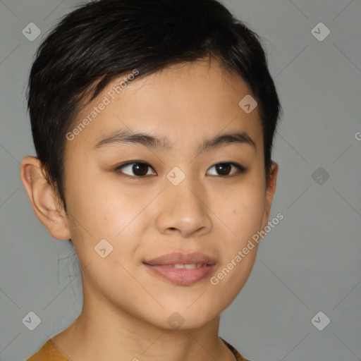 Joyful asian young-adult female with short  brown hair and brown eyes