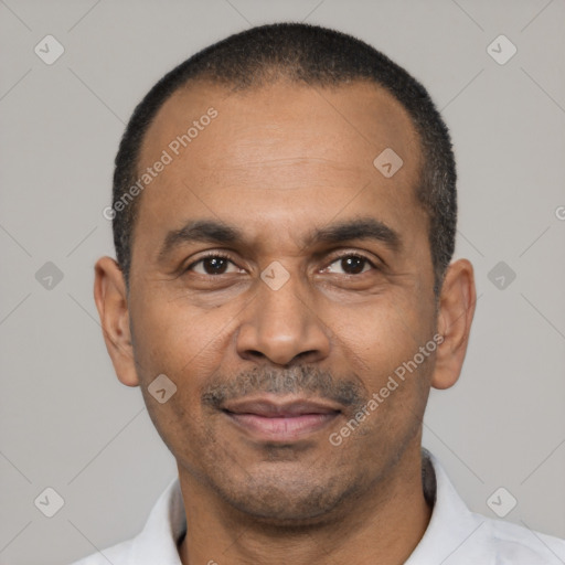 Joyful latino adult male with short  black hair and brown eyes