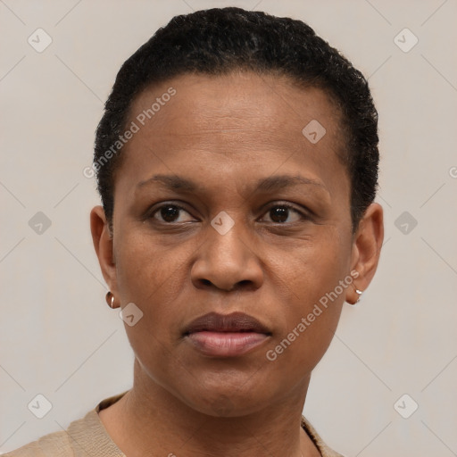 Joyful black adult female with short  brown hair and brown eyes