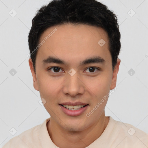 Joyful white young-adult male with short  black hair and brown eyes