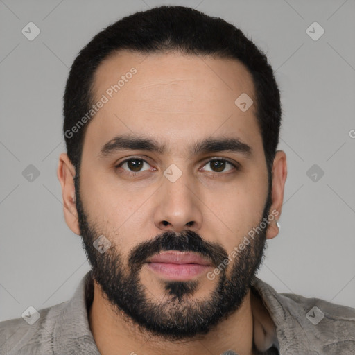 Neutral latino young-adult male with short  black hair and brown eyes