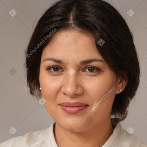 Joyful white adult female with medium  brown hair and brown eyes