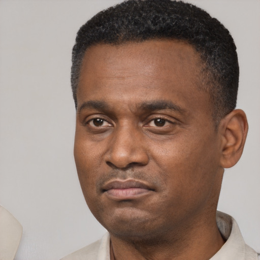 Neutral black adult male with short  black hair and brown eyes