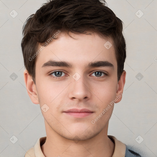 Neutral white young-adult male with short  brown hair and brown eyes