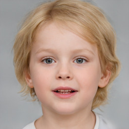 Joyful white child female with medium  brown hair and blue eyes