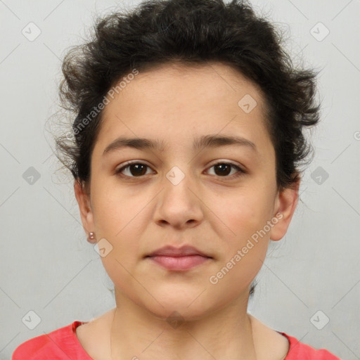 Neutral white young-adult female with short  brown hair and brown eyes