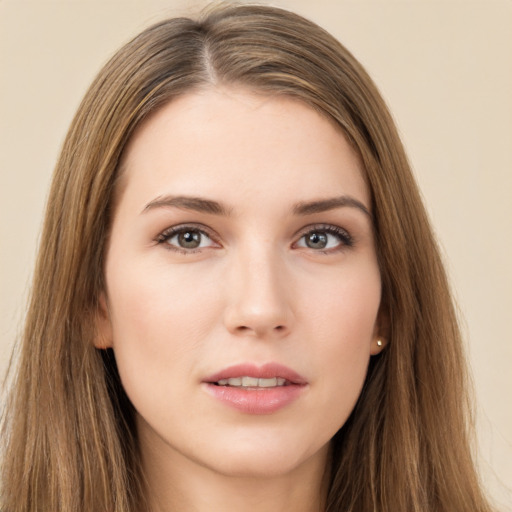 Neutral white young-adult female with long  brown hair and brown eyes